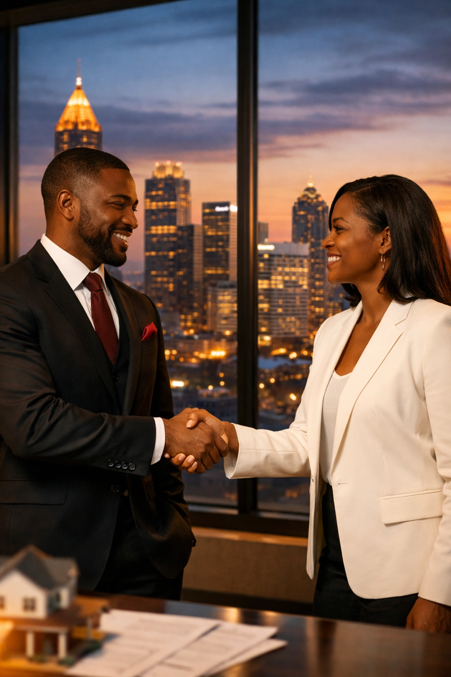 Expert black real estate agents in Atlanta shaking hands with a client in a Midtown office overlooking the city.