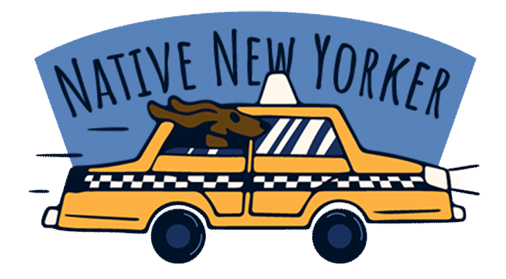 gif of a dog with his head out the window of a taxi and the text "Native New Yorker" above