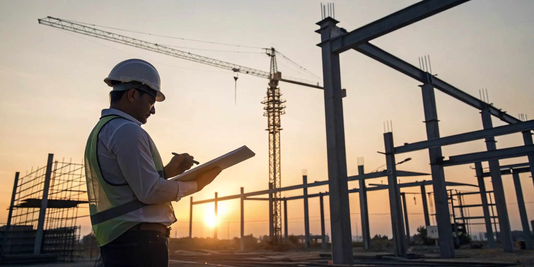 Manager reviewing integrated design and build plans on a construction project.