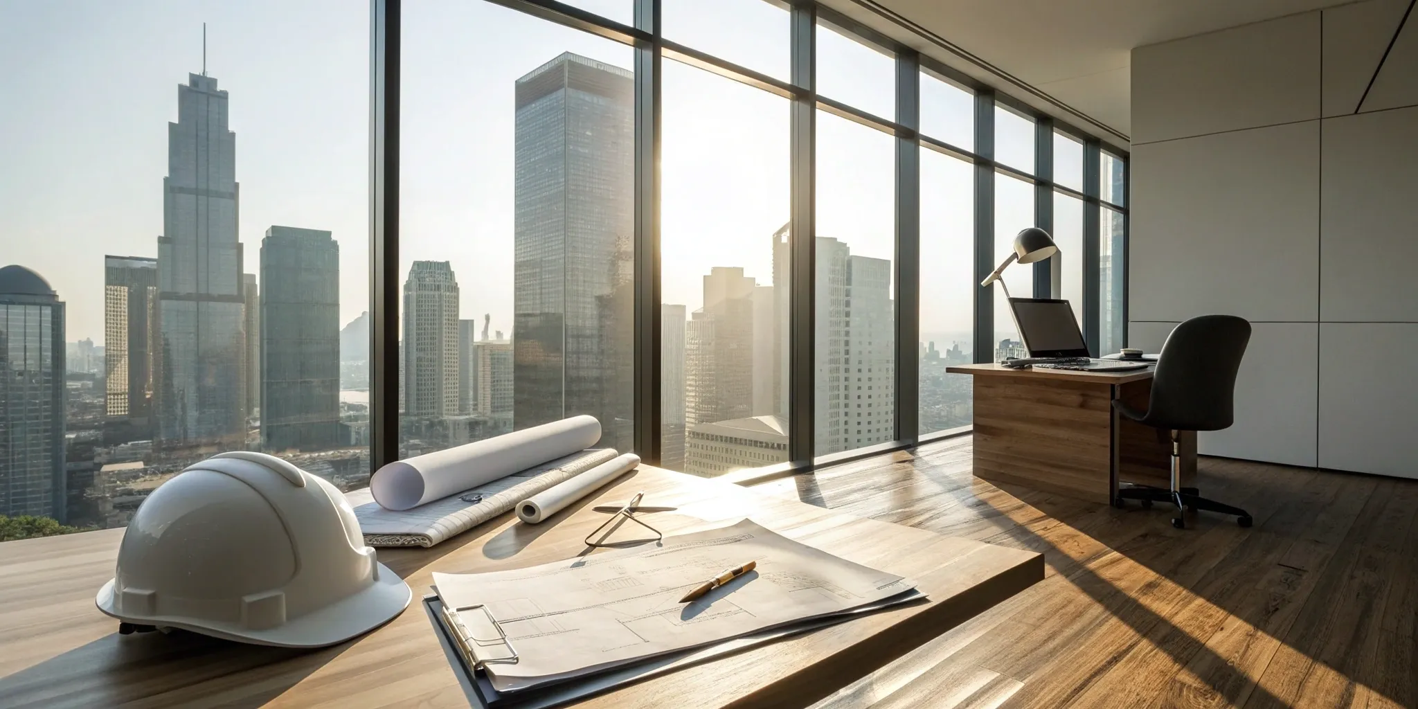 Architectural blueprints and a hard hat on a desk for a project with commercial architects near me.