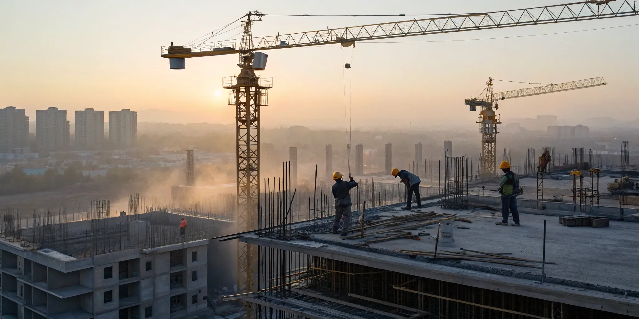 A construction manager overseeing a building project with cranes and workers at sunrise.
