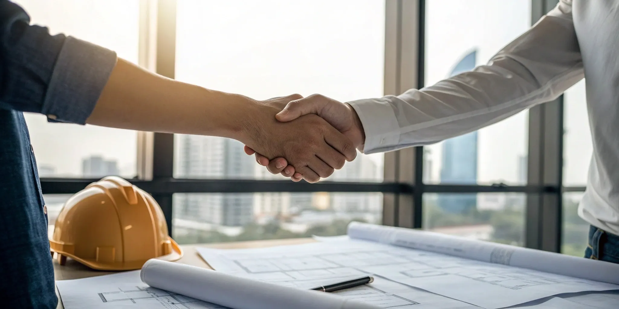 Choosing a commercial construction company, sealed with a handshake over project blueprints.