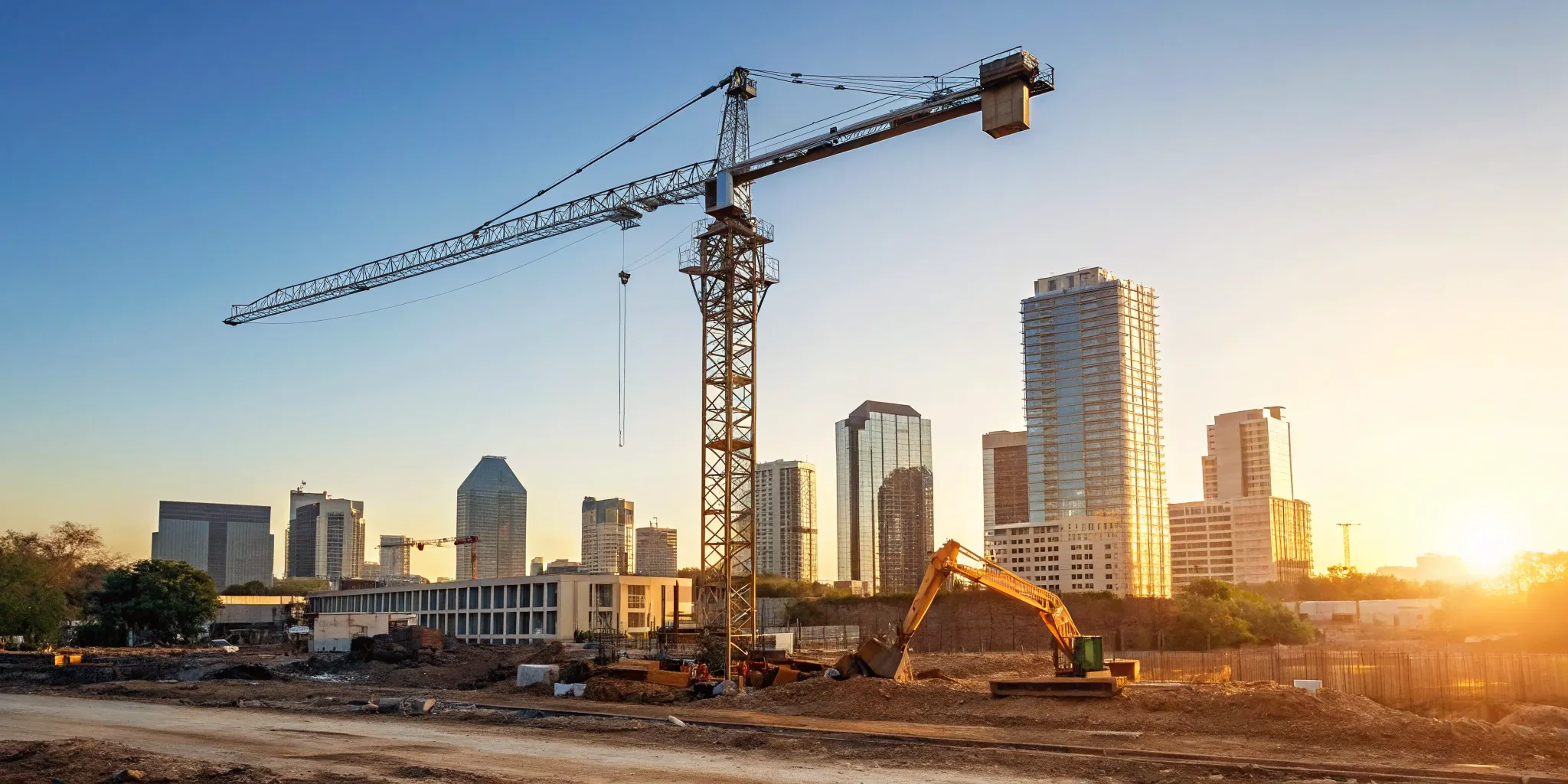 Crane and excavator on a Texas job site with a city skyline, a project by top construction companies in Texas.