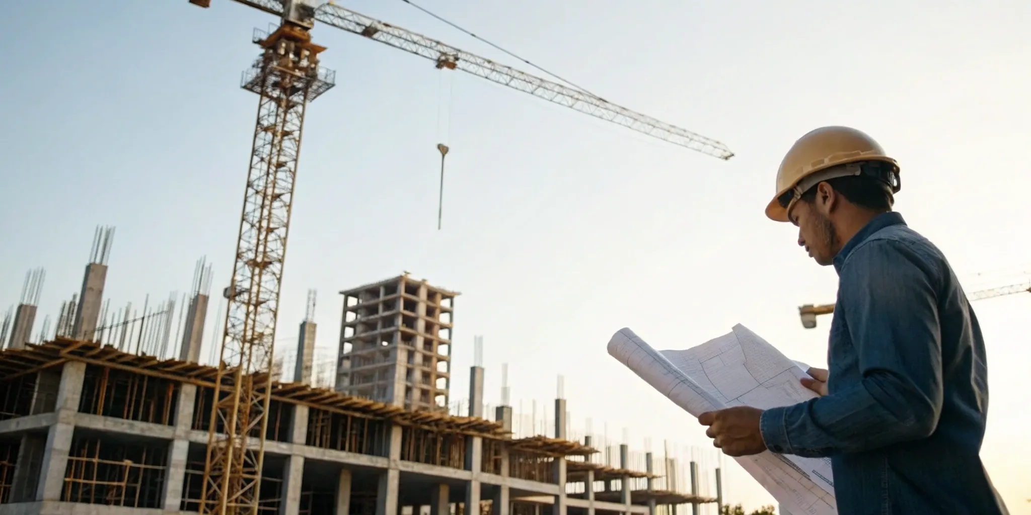 A builder reviews blueprints, planning how to build an apartment building on a construction site.