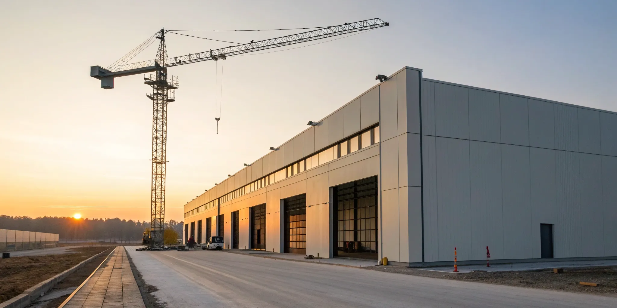 Storage facility builders constructing a new self-storage building with a crane.
