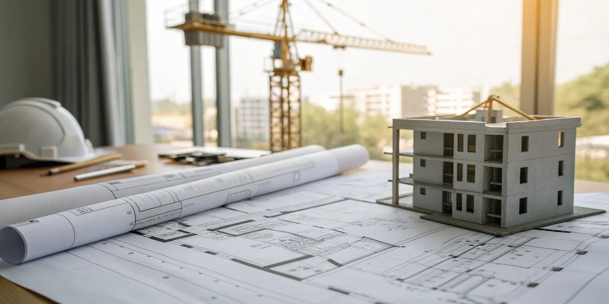 A look at the building design and construction process with blueprints, a model, and a crane.