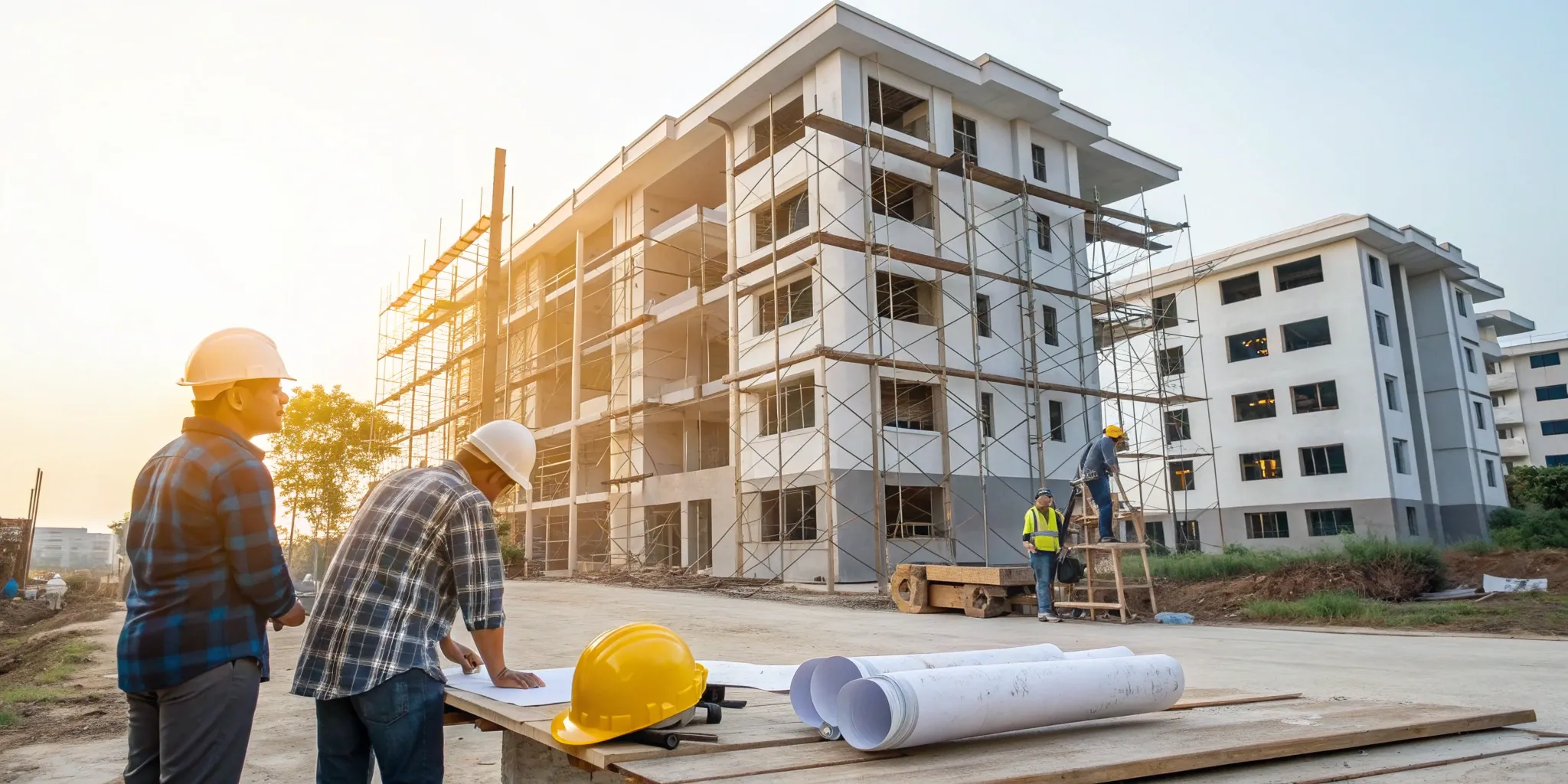 Managers and contractors planning an apartment complex renovation with blueprints and scaffolding.