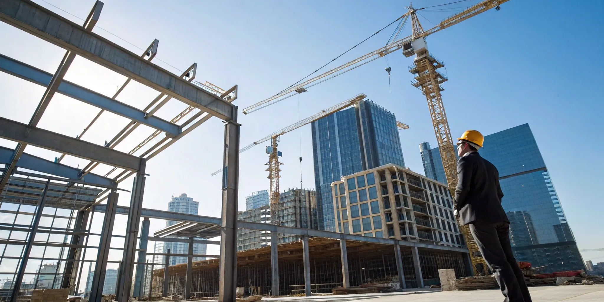 The design-build construction process for a modern building with a steel framework and cranes.