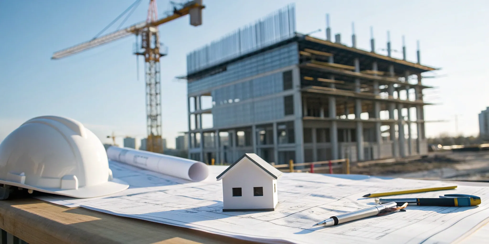 Design-build commercial construction project with blueprints and building framework on site.