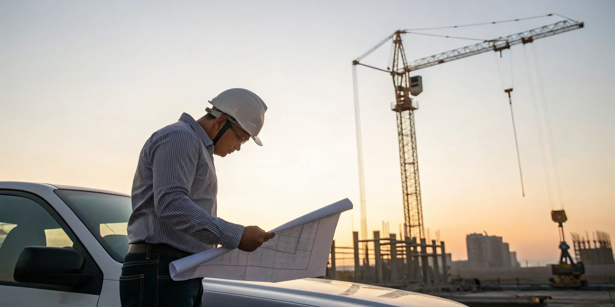 Manager from a commercial construction company reviews blueprints on a job site with a crane.