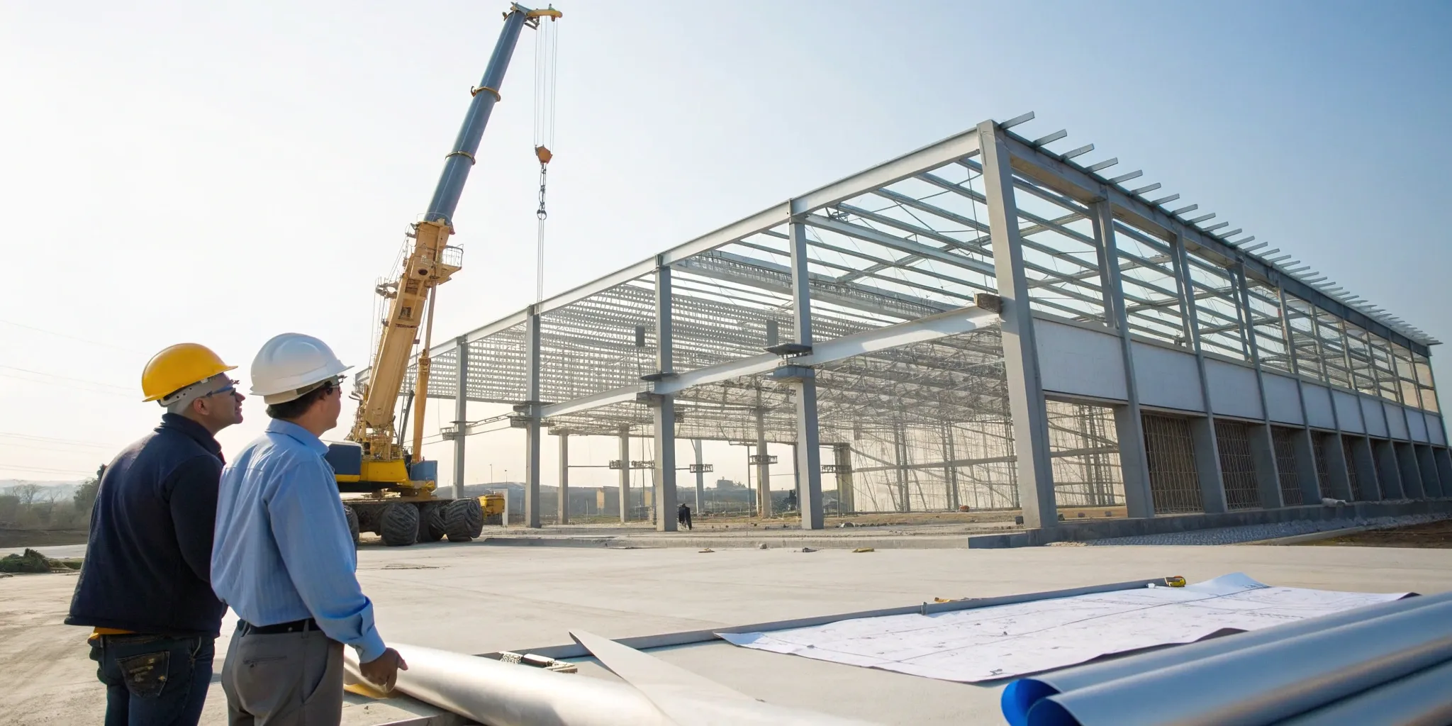 Workers constructing the steel frame for a new self storage building.