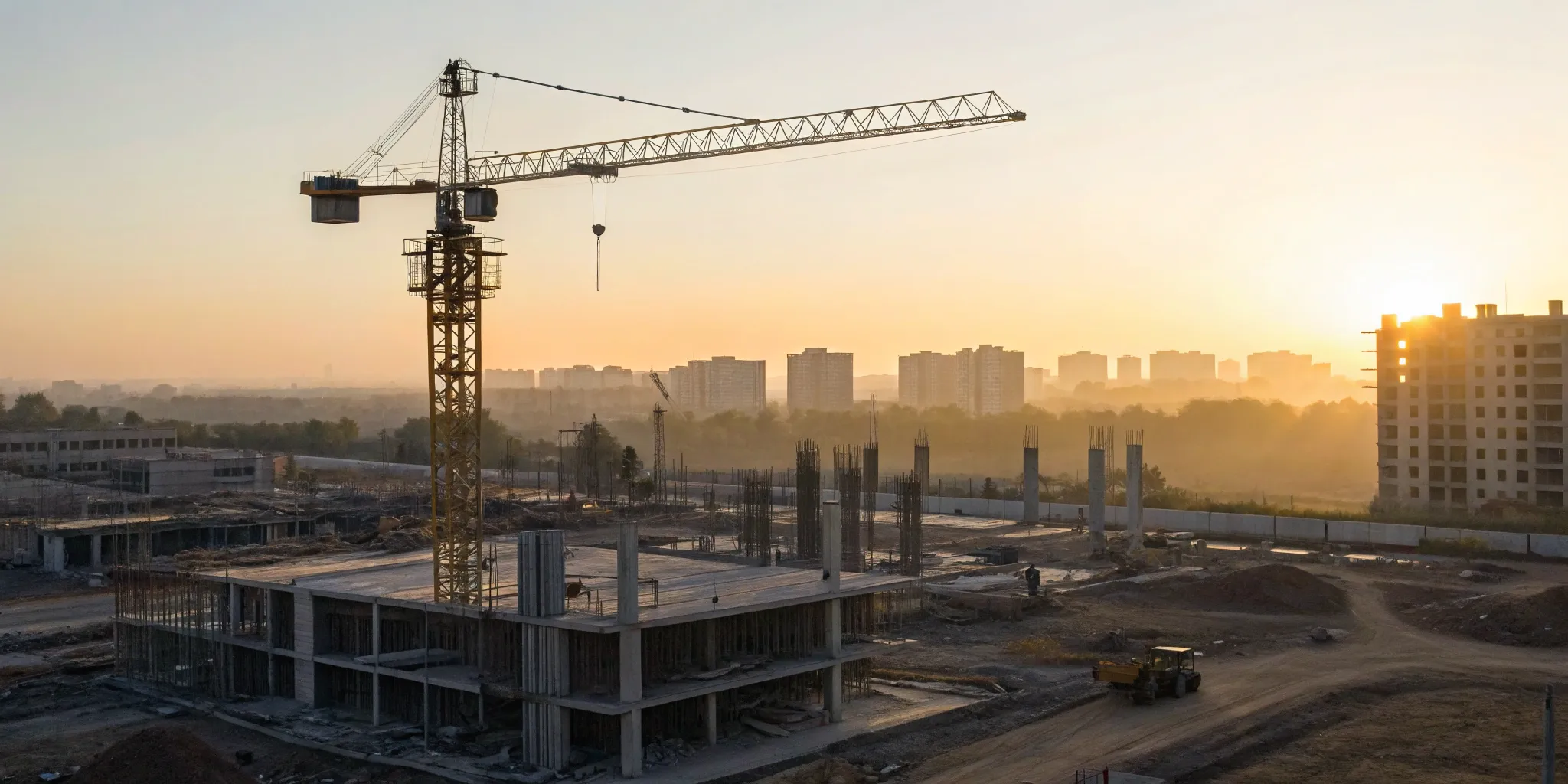 Crane on a multifamily housing construction site assembling the building's framework.