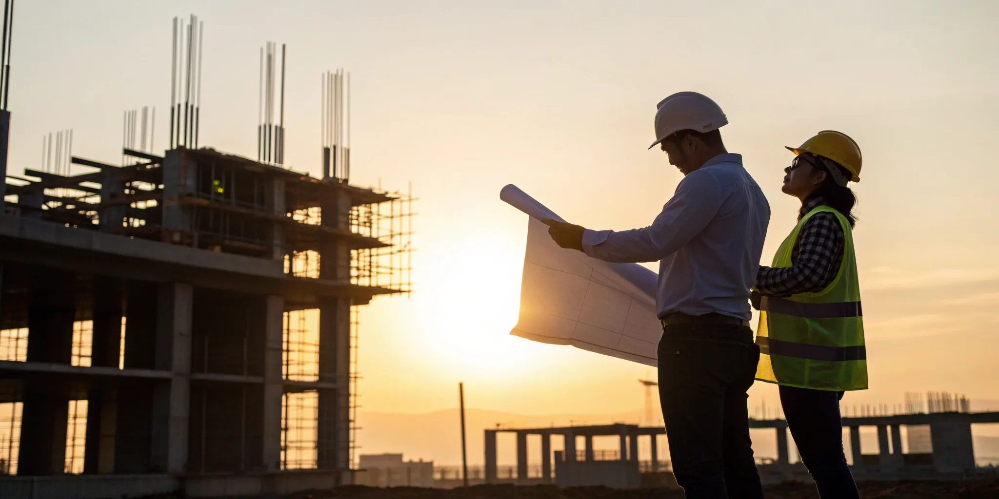 Design and construction professionals collaborating on building plans at a job site.