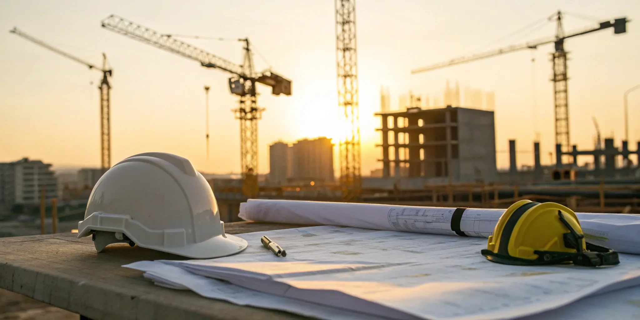 A construction management company's plans and hard hats on a building site with cranes.