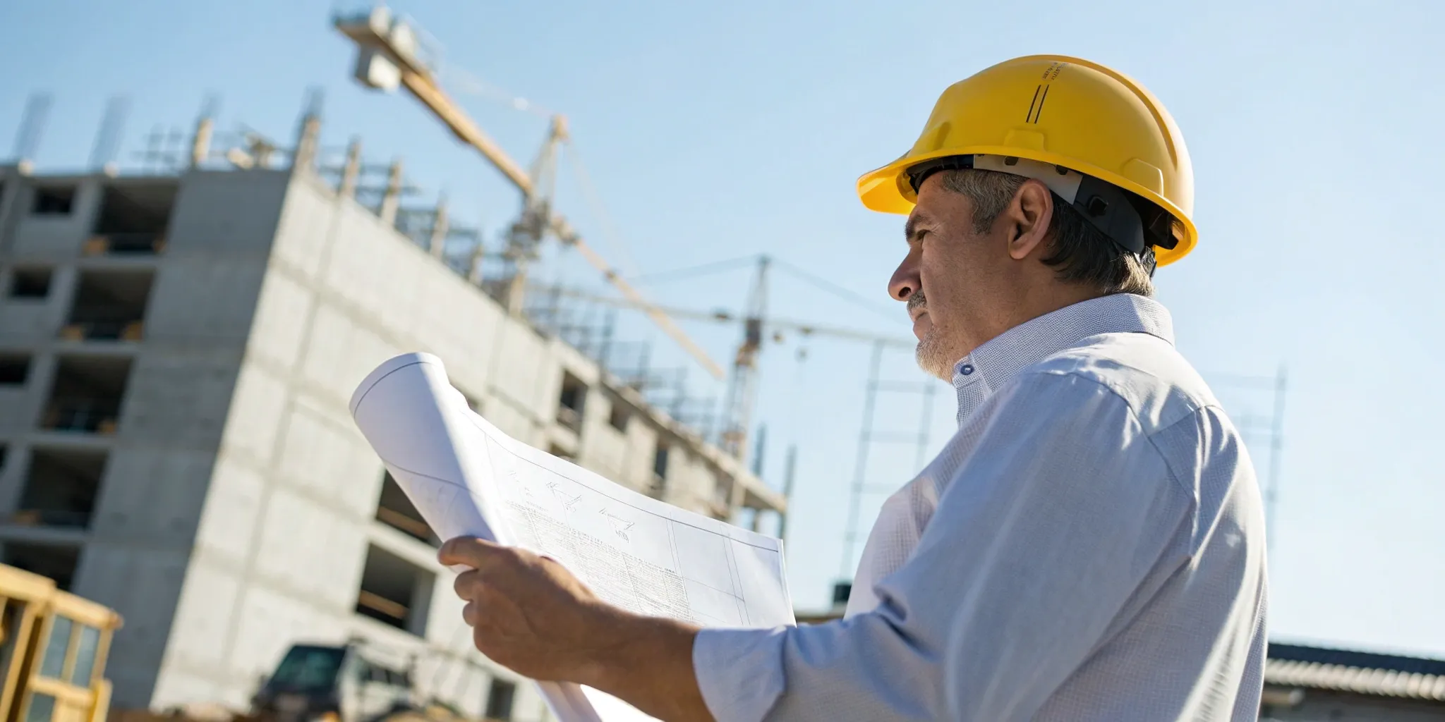 General contractor managing a construction project by reviewing blueprints.