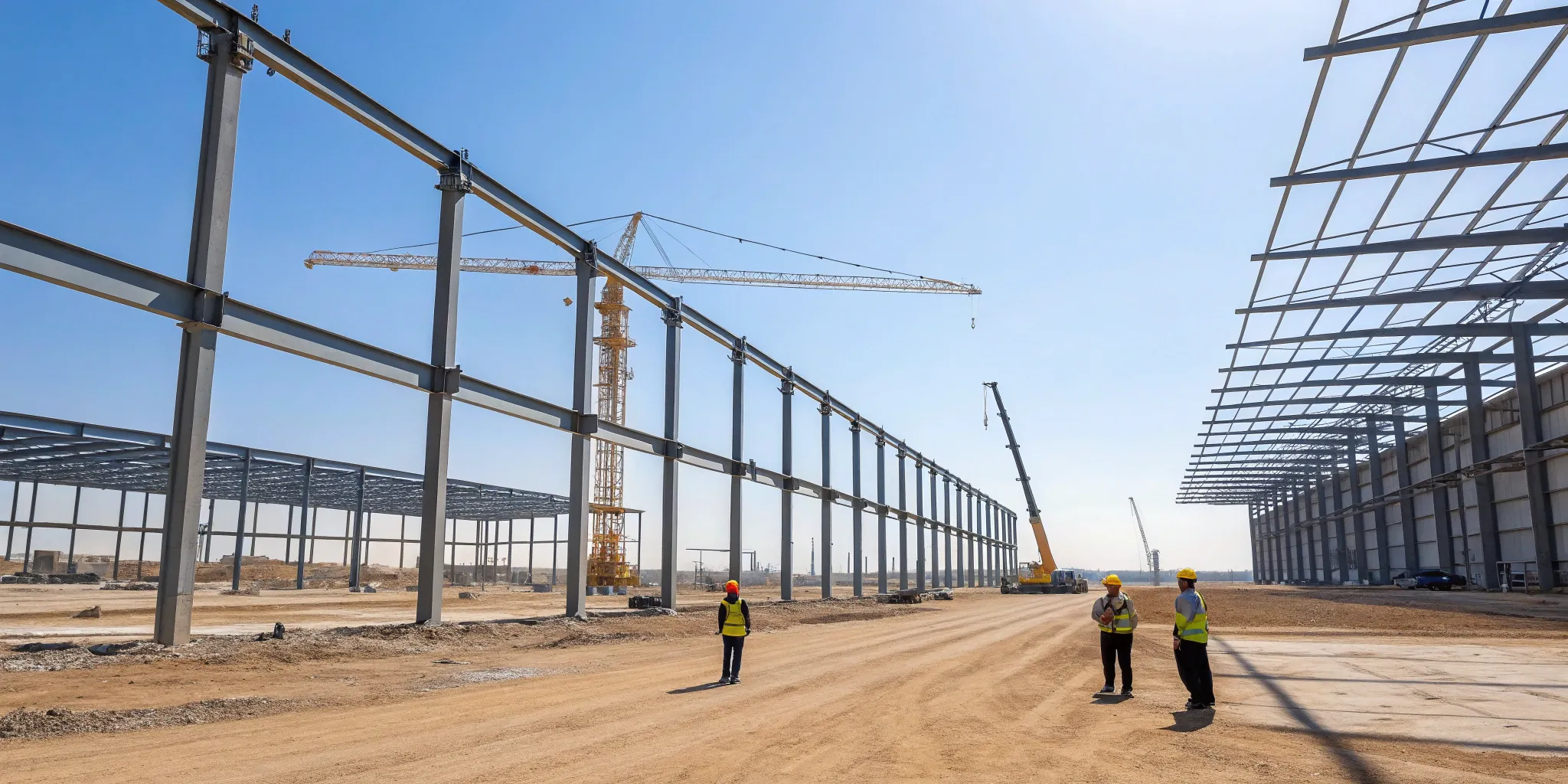 An industrial construction company building a steel structure with cranes and workers on site.