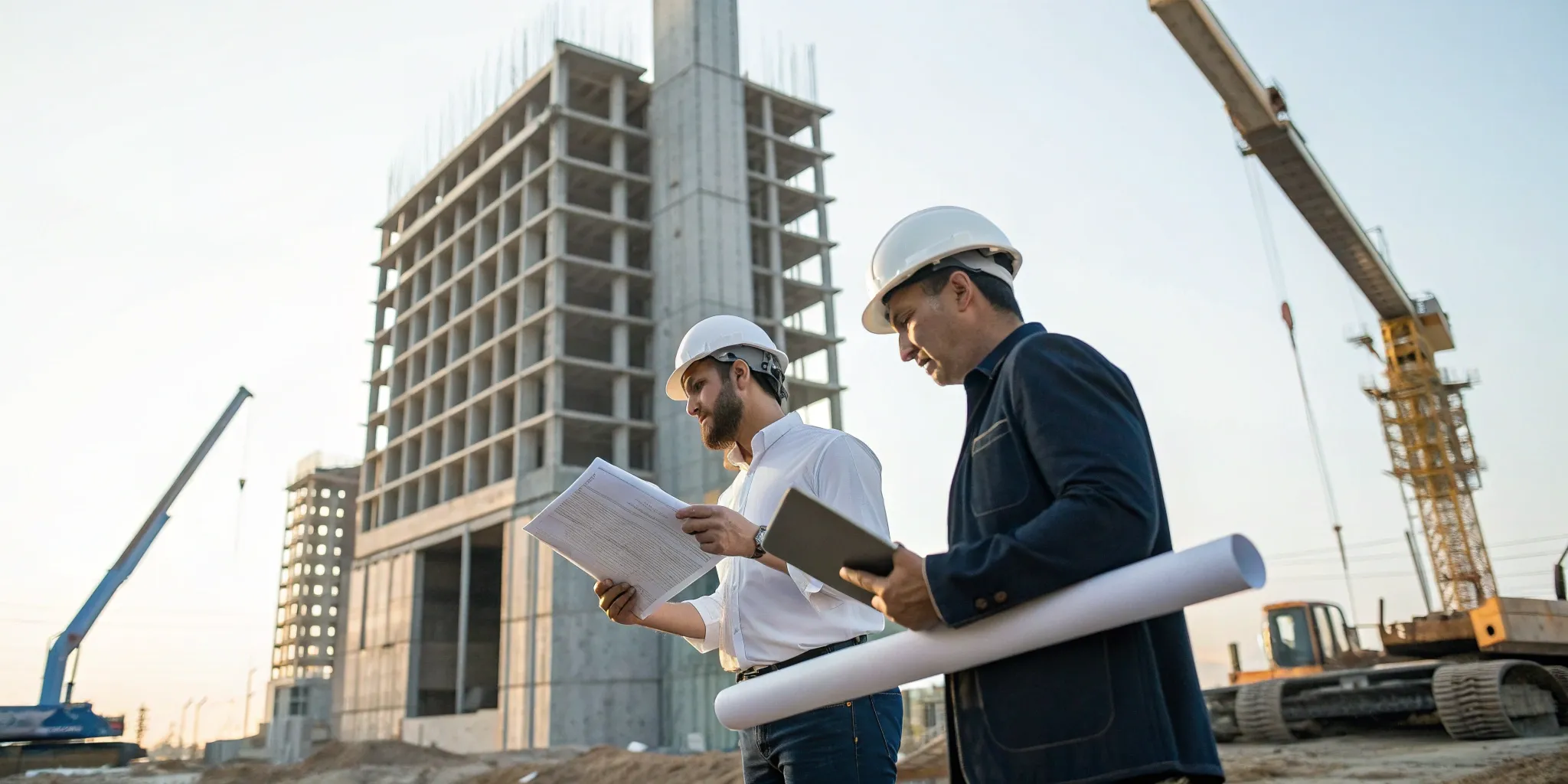 Professionals from a design build construction company collaborating over blueprints at a building site.