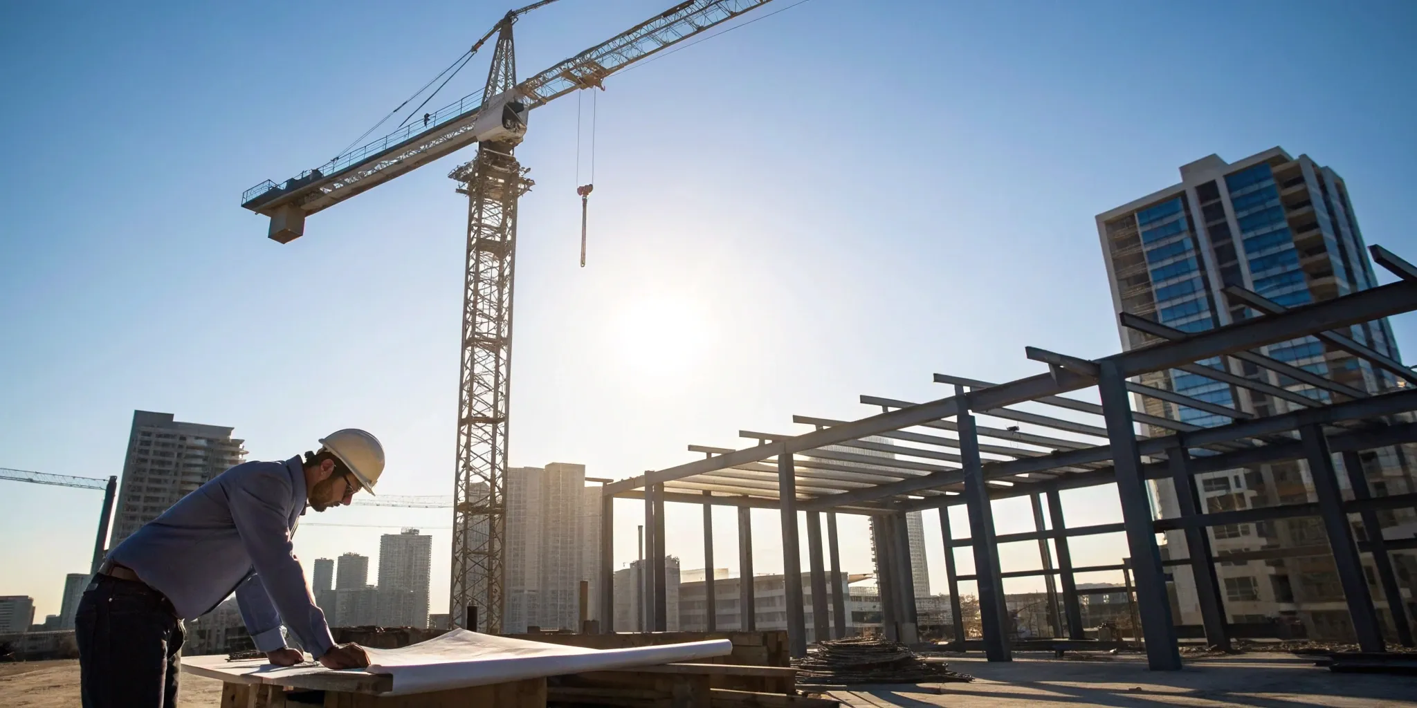 A general contractor in San Antonio, TX reviews blueprints on a construction site.