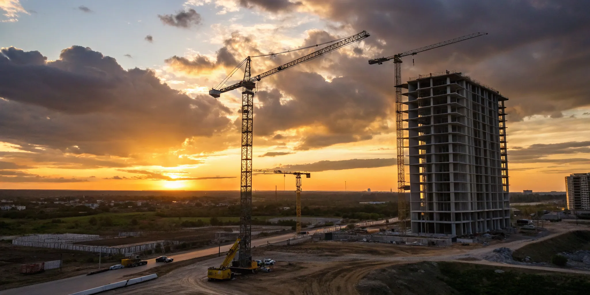 A construction company manages a high-rise building project with cranes at sunset.