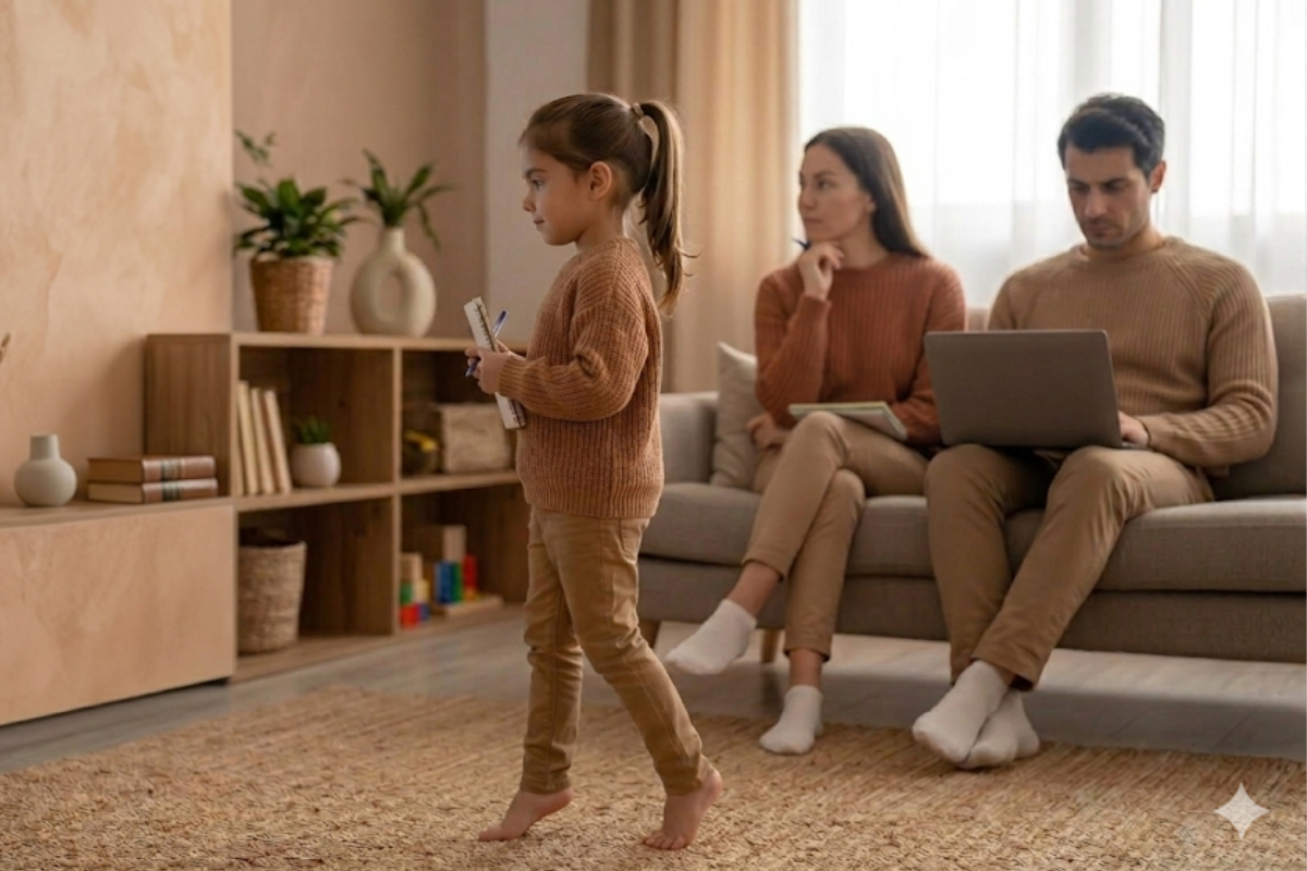 Autistic girl tip-toeing while her parents are busy in their work