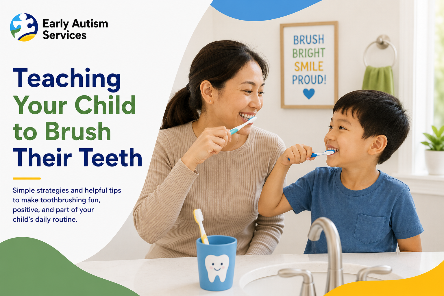 A father and his young son smile as they brush their teeth together in a brightly lit bathroom.