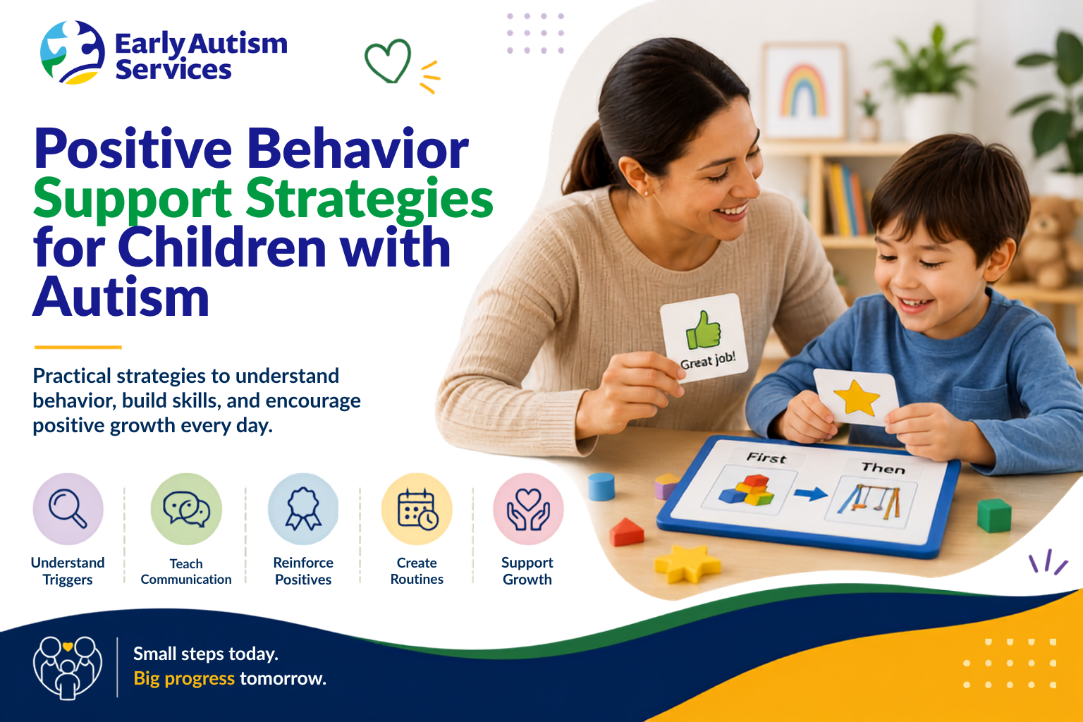 Caregiver using positive behavior support strategies with a child with autism, including reinforcement, communication, and predictable routines.
