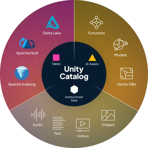 Colorful circular chart illustrating components of the Unity Catalog including Delta Lake, Apache Hudi, and Apache Iceberg, divided into sectors for Tables, Functions, Models, and AI Assets.