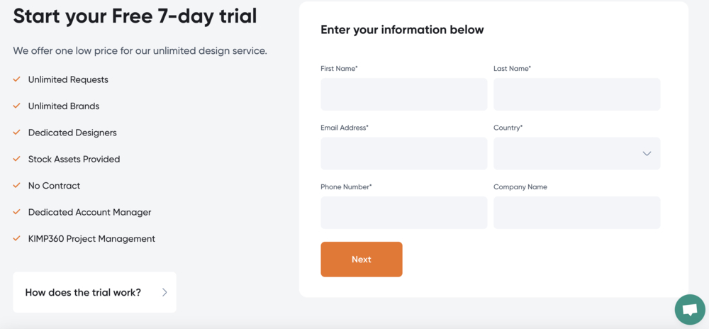Kimp signup page