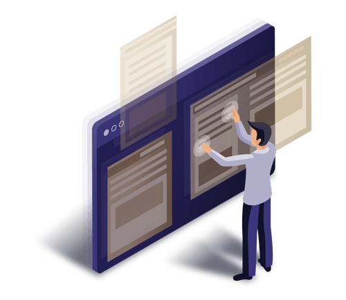 Illustration of a login flow with user standing in front of the screen