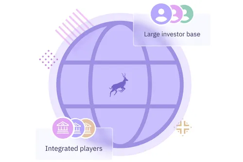 Icon of a globe with the NYALA logo at the center and tags Large investor base and Integrated players