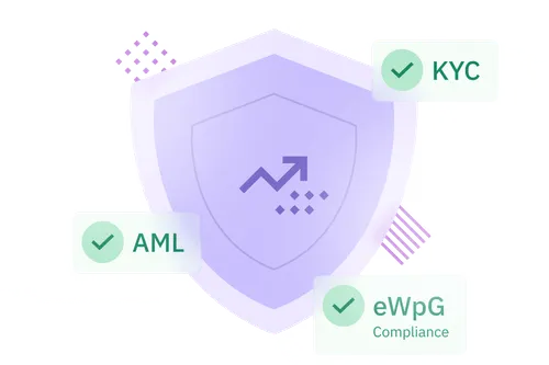 Icon of a shield with tags AML, KYC and eWpG Compliance