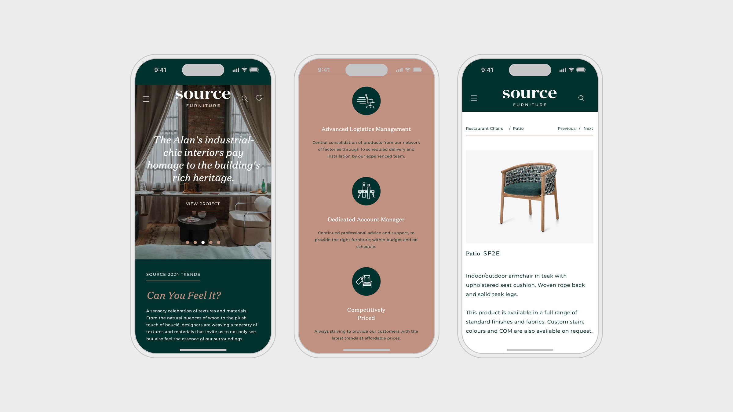 Source Furnitures website shown on three mobile screens