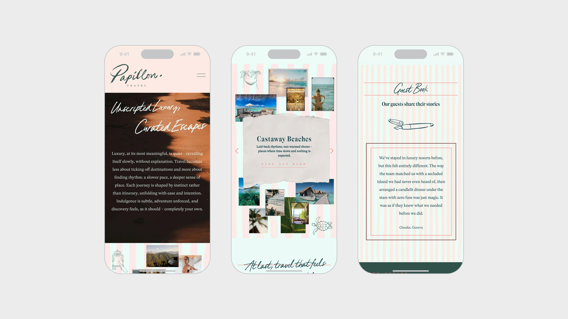 Papillon Travel website shown on three mobile screens