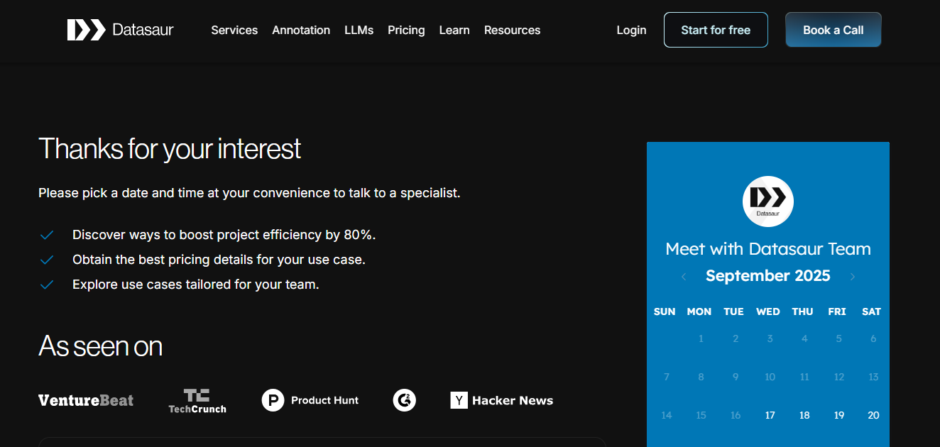 Datasaur cta page screenshot used in Builders case study