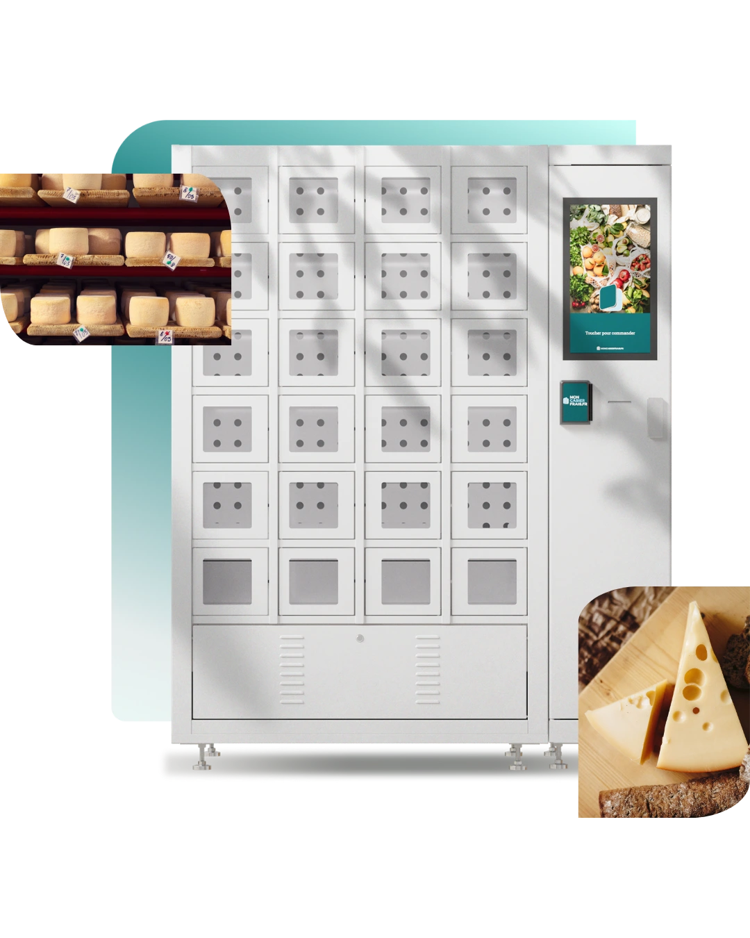 Image d'un distributeur automatique à casiers adapté à la vente de fromages en libre-service.