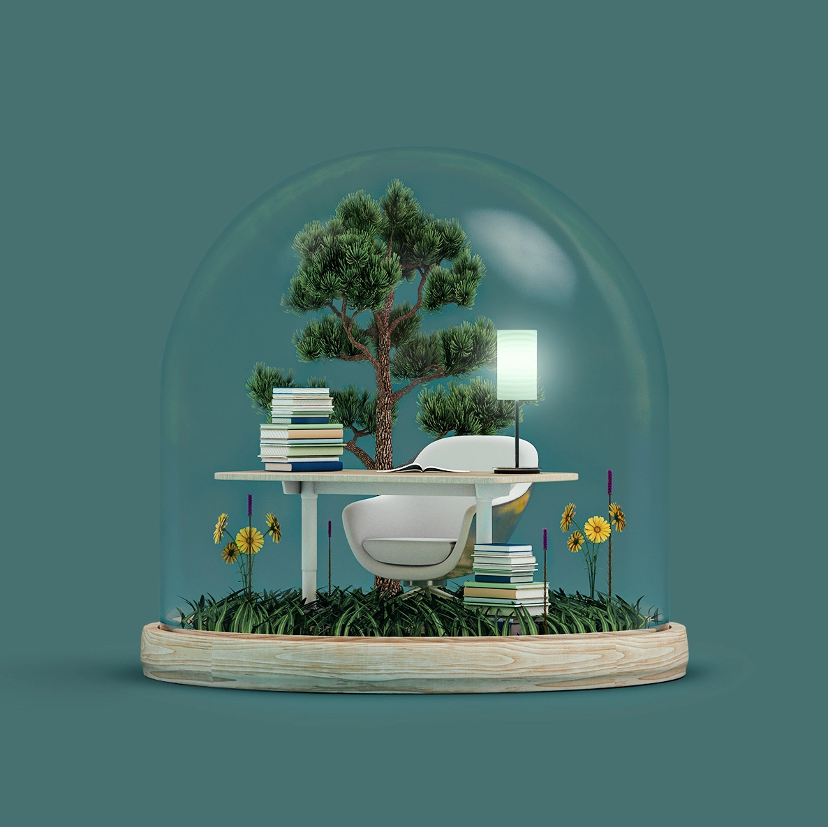 Writing dream snow globe. Candle lt desk with books and growth imagery.