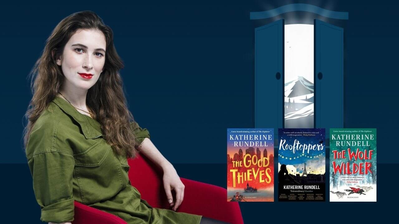 Katherine Rundell headshot with books. Children's literature and why its important for adults and writers.