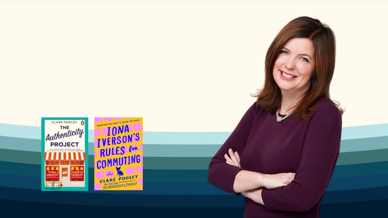 Clare Pooley headshot with books. Create and maintain your writer's voice.