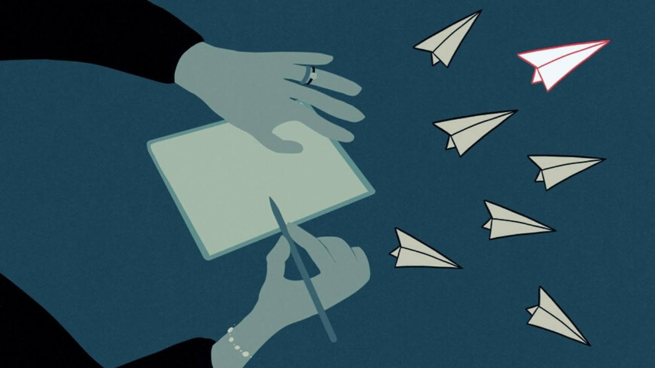 illustration of a hand writing and several paper planes taking off