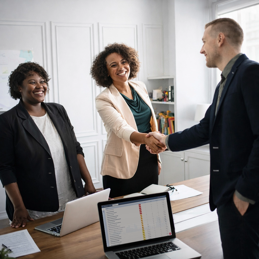 Des professionnels se serrant la main lors d'une réunion, avec des ordinateurs portables affichant des données sur la table.
