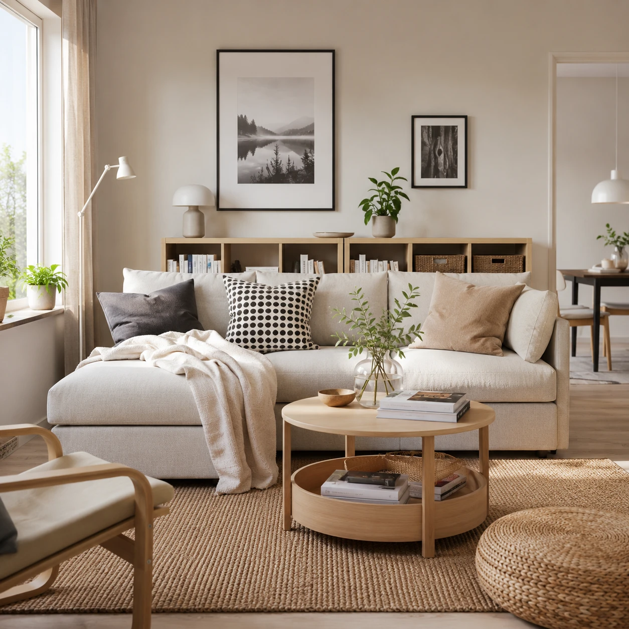 Modern living room with a sofa, wooden furniture, indoor plants, and framed wall art.