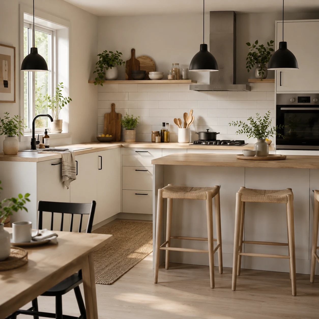 Modern kitchen with light wood furniture, white cabinets, and a kitchen island with stools.