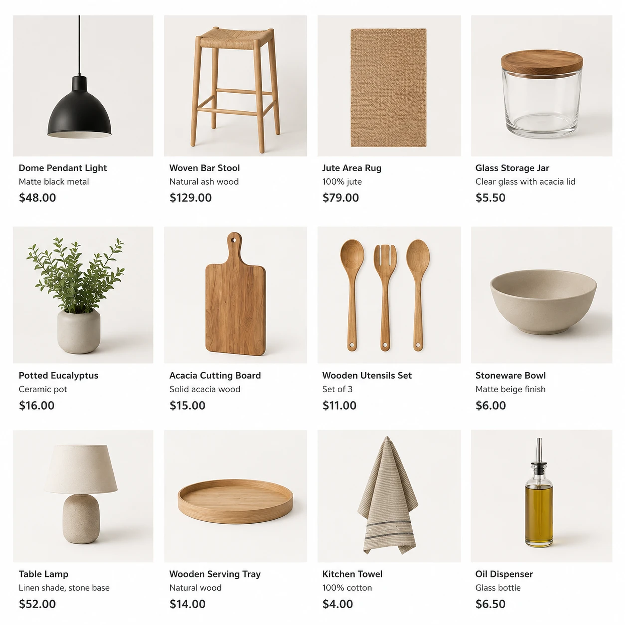Grid of home decor and kitchen products displayed in an online shopping interface.