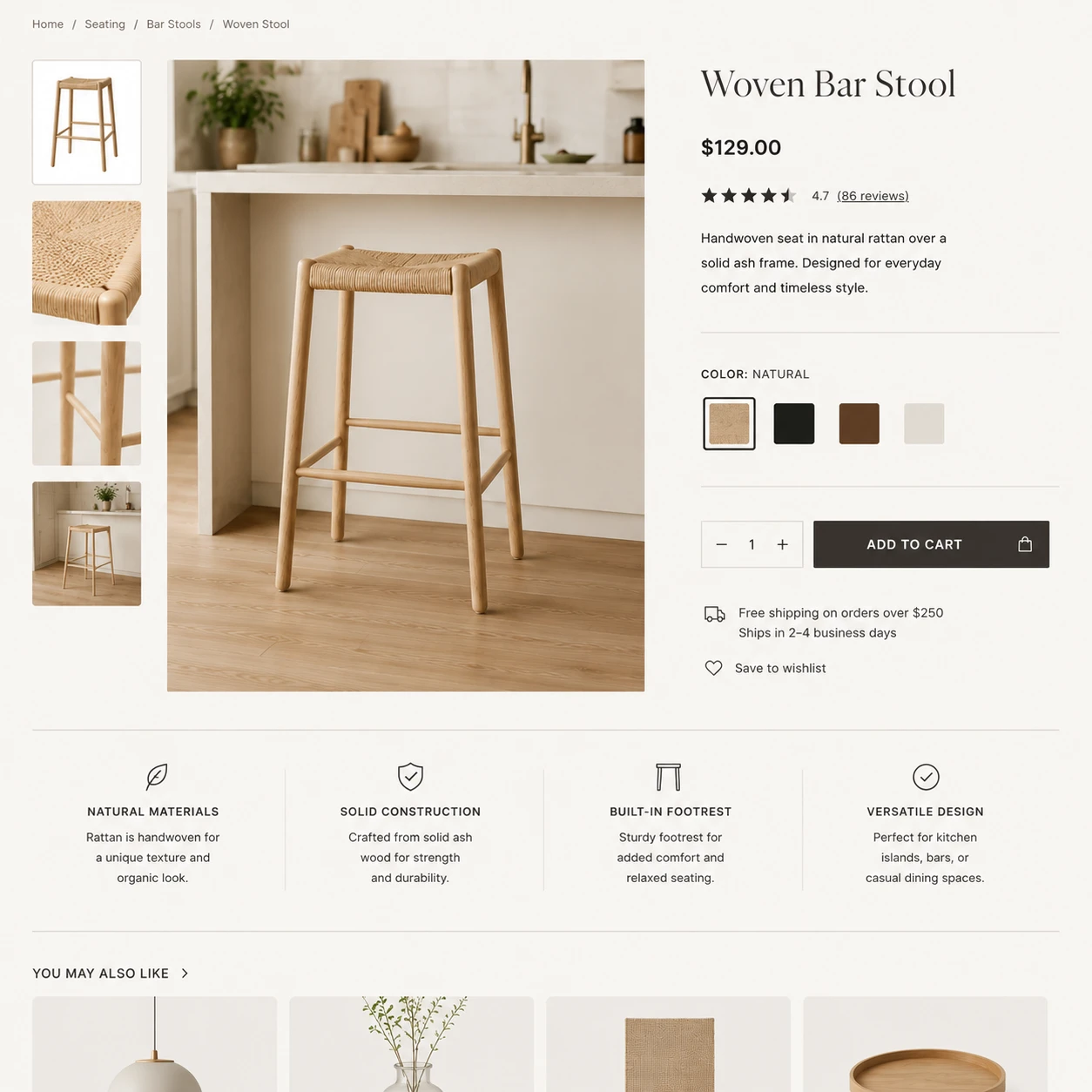 Product page for a bar stool showing product images, price, ratings, and purchase options.
