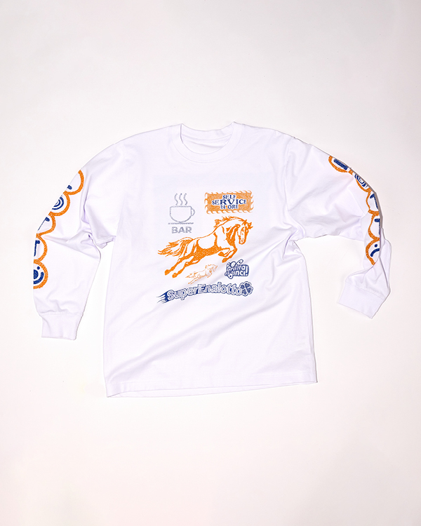 White long-sleeve shirt with orange horse graphic, coffee cup icon labeled 'BAR,' and text including 'Self Service Store' and 'SuperEnalotto' on front and sleeves.