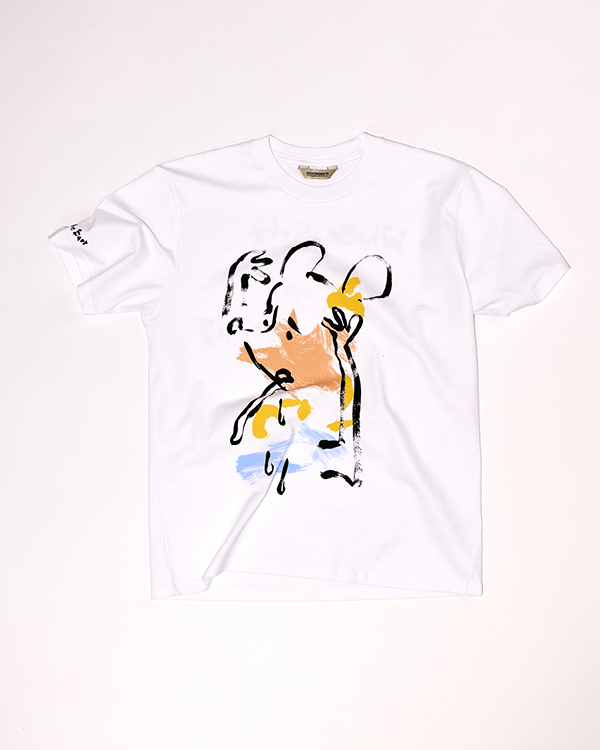 White t-shirt with abstract colorful brushstroke design featuring black outlines and orange, yellow, and blue accents.