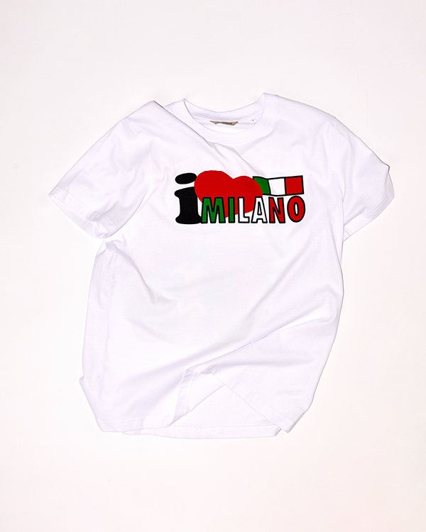 White T-shirt with 'I love Milano' text, a red heart, and an Italian flag graphic on the front.