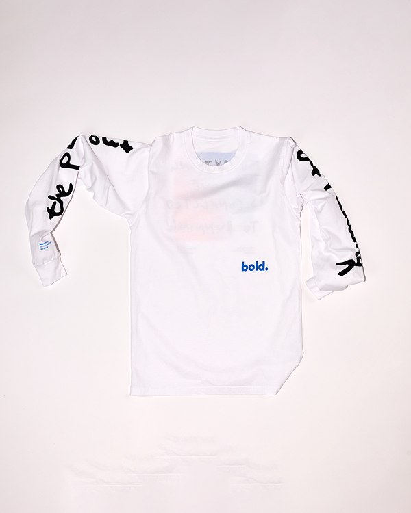 White long-sleeve shirt with black text on sleeves and a small blue 'bold.' logo on the front right side.