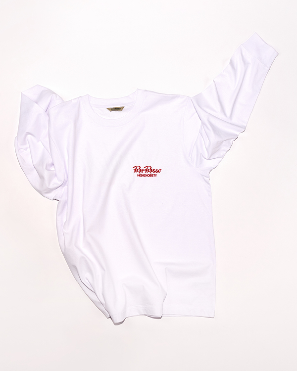 White long-sleeve T-shirt with red 'BarBasso HIGH SNOBIETY' text logo on the left chest.