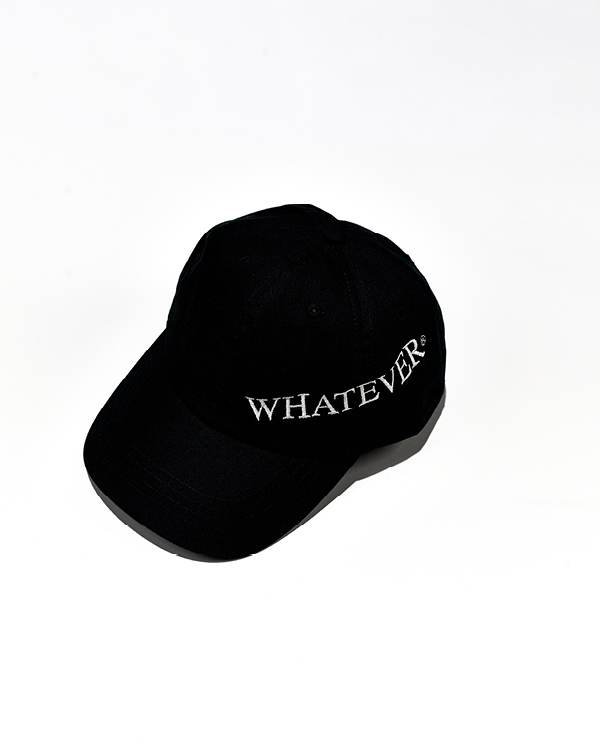Black baseball cap with the word 'WHATEVER' embroidered in white on the front.